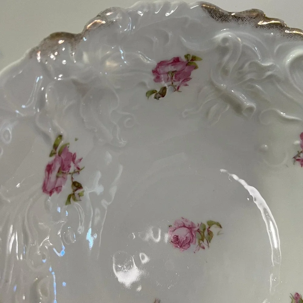 Vintage White Porcelain Serving Bowl Pink Rose Embossed Floral Gold Trim